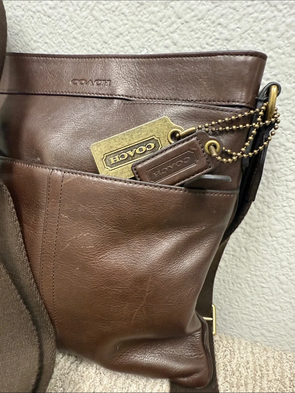 Coach Dark Brown Leather Messenger Bag with Brass Tags